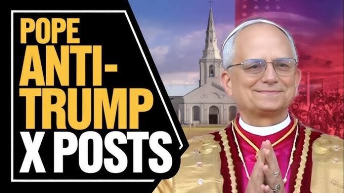 A bishop stands smiling next to a text about anti-Trump posts.