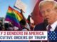 Protesters with rainbow flags confront Trump over transgender rights.