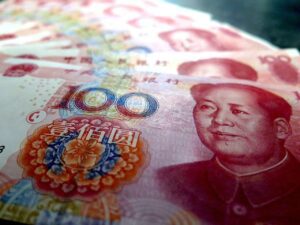 Close-up of Chinese 100 yuan banknotes featuring Mao Zedong.