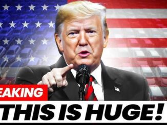Donald Trump speaking with a US flag background and a bold headline.