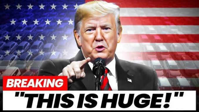 Donald Trump speaking with a US flag background and a bold headline.