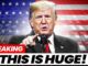 Donald Trump speaking with a US flag background and a bold headline.