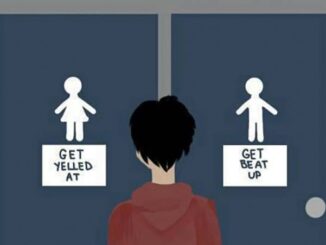 A person stands confused between two doors with conflicting signs.