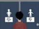 A person stands confused between two doors with conflicting signs.
