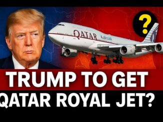 Donald Trump with a Qatar Airways jet in the background.