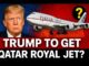 Donald Trump with a Qatar Airways jet in the background.