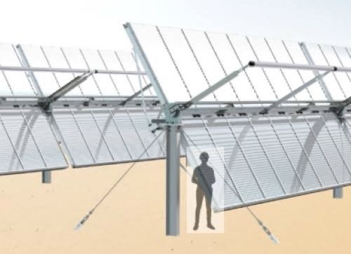 Person standing near a large solar panel structure with support beams. Person standing near a large solar panel structure with support beams.