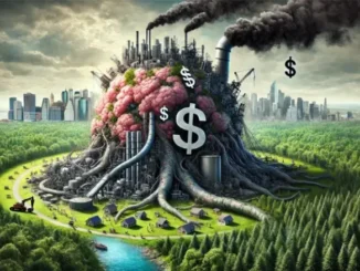 A tree shaped like a dollar sign with industrial pipes and smoke.