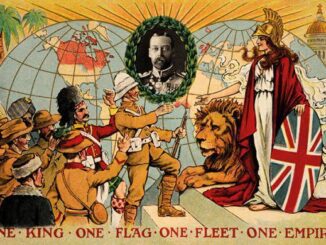 A vintage colonial propaganda poster with British symbolism and world map.