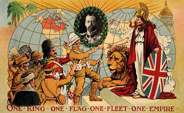 A vintage colonial propaganda poster with British symbolism and world map. A vintage colonial propaganda poster with British symbolism and world map.