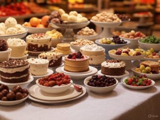 A festive dessert table with various cakes and pastries.