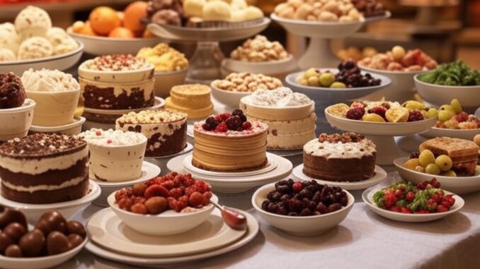 A festive dessert table with various cakes and pastries.