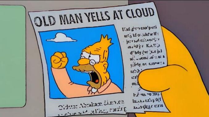 Cartoon of an angry old man yelling at a cloud. Cartoon of an angry old man yelling at a cloud.