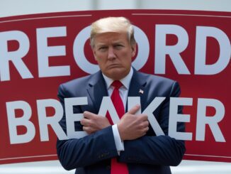 Former U.S. President Donald Trump posing with arms crossed in front of a sign.