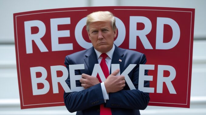 Former U.S. President Donald Trump posing with arms crossed in front of a sign.