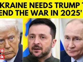 Donald Trump, Volodymyr Zelensky, and Vladimir Putin with a Ukraine flag background.