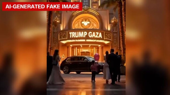 A luxury theater marquee displays 'Trump Gaza' with a crowd and a car outside.