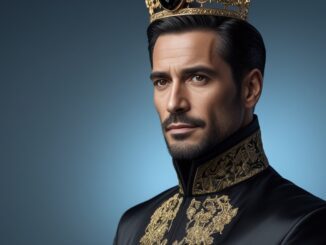 A regal man wearing a crown and ornate black and gold robe.