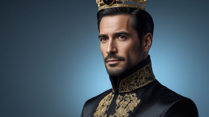A regal man wearing a crown and ornate black and gold robe.