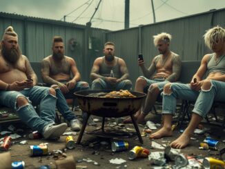Five men sitting around a fire pit in a messy room with casual clothing.