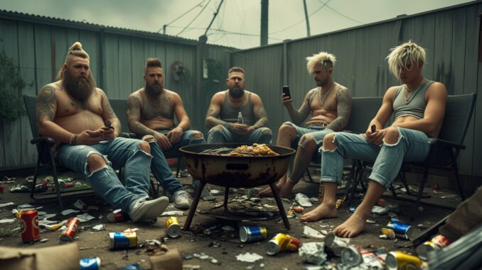 Five men sitting around a fire pit in a messy room with casual clothing. Five men sitting around a fire pit in a messy room with casual clothing.