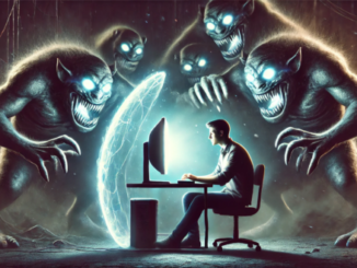 Man working on computer surrounded by ghostly digital figures.