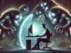 Man working on computer surrounded by ghostly digital figures.