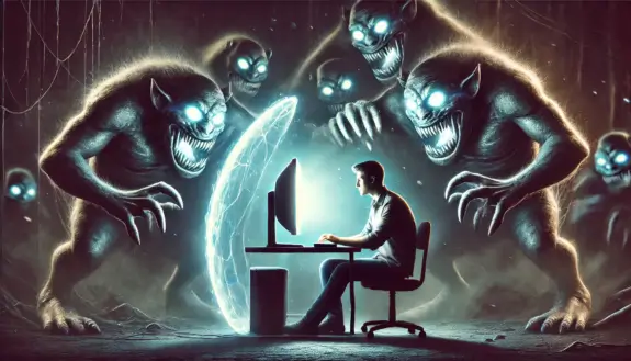 Man working on computer surrounded by ghostly digital figures. Man working on computer surrounded by ghostly digital figures.