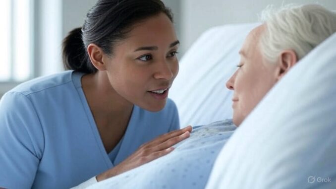A caregiver attentively listens to an elderly woman in bed. A caregiver attentively listens to an elderly woman in bed.