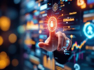 A hand interacts with a glowing digital interface displaying blockchain technology.