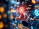 A hand interacts with a glowing digital interface displaying blockchain technology.