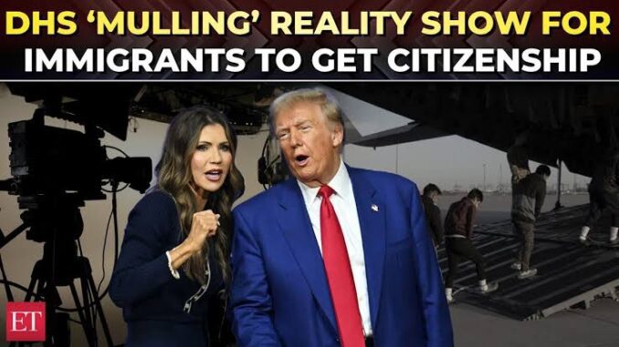 Donald Trump discussing immigrants' citizenship on a reality show set.
