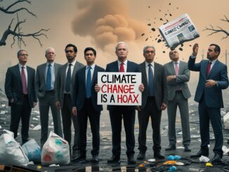 A group of men in suits with a climate change denial sign and apocalyptic background.