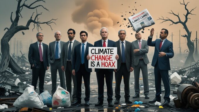 A group of men in suits with a climate change denial sign and apocalyptic background.