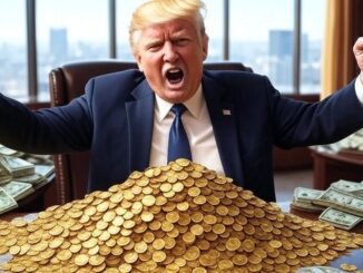 A man angrily shouting behind a large pile of gold coins.