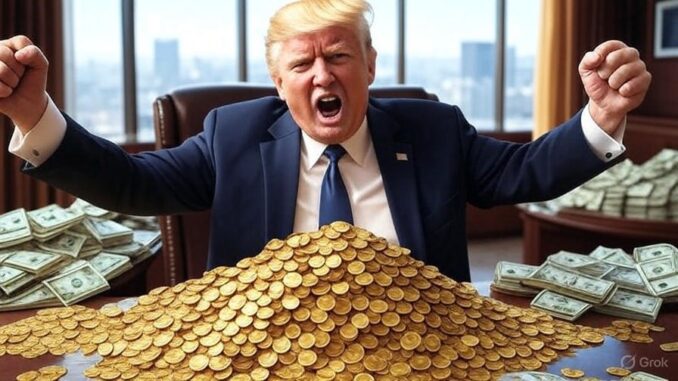 A man angrily shouting behind a large pile of gold coins.