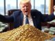 A man angrily shouting behind a large pile of gold coins.