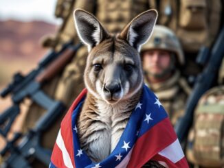 A kangaroo wearing a US flag cape with a soldier blurred in the background.