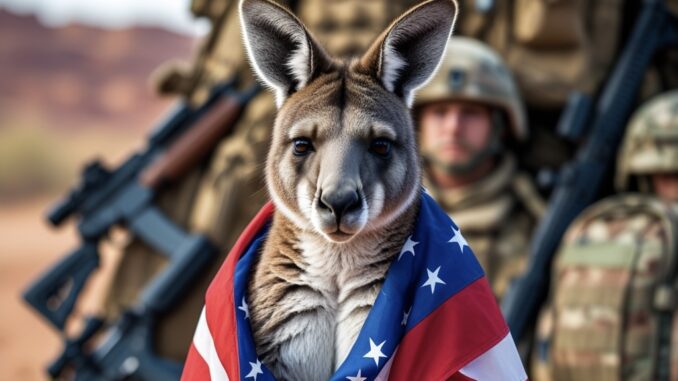 A kangaroo wearing a US flag cape with a soldier blurred in the background.