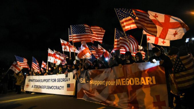 Crowd holding American and Georgian flags at night with supportive banners.