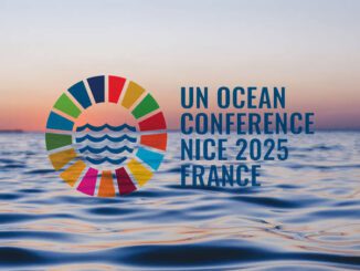 Logo for UN Ocean Conference Nice 2025, France, with ocean waves and colorful circle.