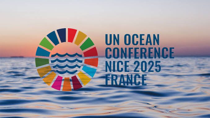 Logo for UN Ocean Conference Nice 2025, France, with ocean waves and colorful circle. Logo for UN Ocean Conference Nice 2025, France, with ocean waves and colorful circle.
