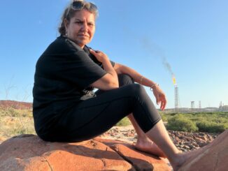 A person sitting on a rock with a smokestack in the background at sunset.