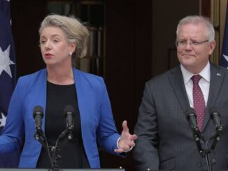 Two people speaking at microphones during an event.