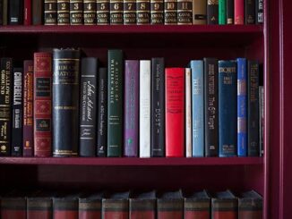 A bookshelf filled with classic hardcover books in various colors and sizes.