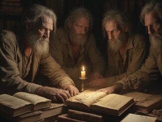 Three elderly men studying ancient books by candlelight.
