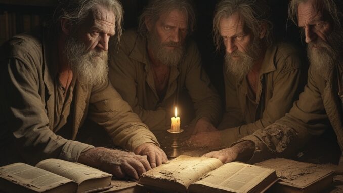 Three elderly men studying ancient books by candlelight.