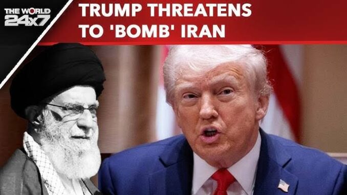 Trump threatens to bomb Iran, shown with Iranian leader.