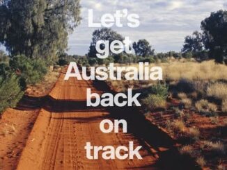 Red dirt road in Australia with text about getting Australia back on track.