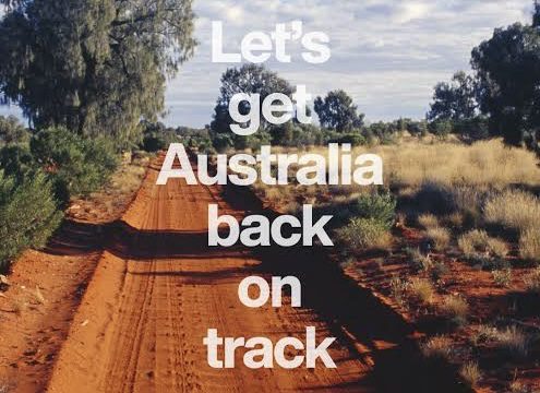 Red dirt road in Australia with text about getting Australia back on track. Red dirt road in Australia with text about getting Australia back on track.